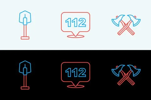 Set line Firefighter axe, shovel and Emergency call icon. Vector Stock Illustration