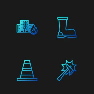 Set line Firefighter axe, Traffic cone, in burning buildings and boots. Gra.. Illustration