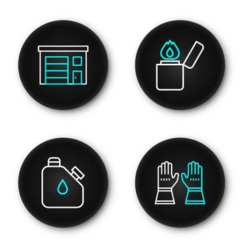 Set line Firefighter gloves, Canister fuel, Lighter and Building of fire st.. Stock Illustration