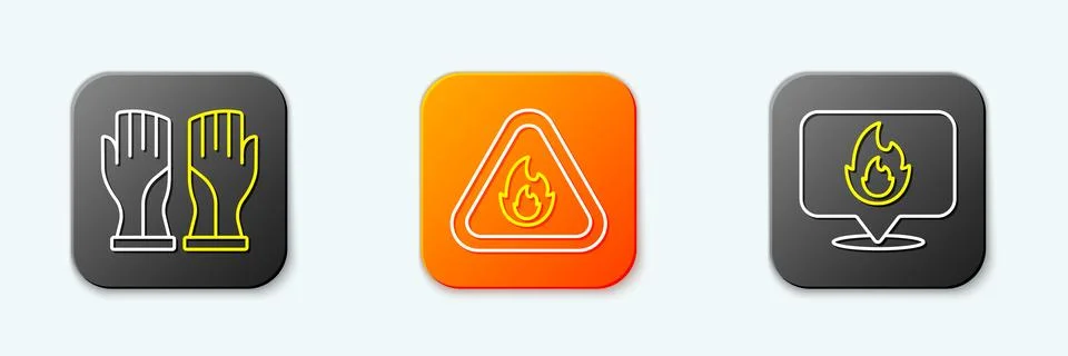 Set line Firefighter gloves, flame in triangle and Location with fire icon... Illustrazione stock