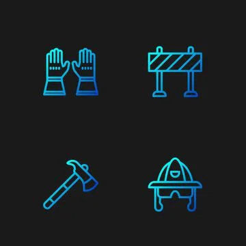Set line Firefighter helmet, axe, gloves and Road barrier. Gradient color icons Illustration