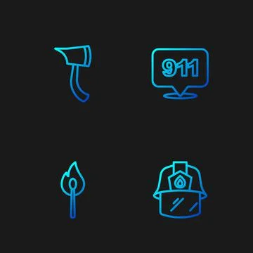 Set line Firefighter helmet, Burning match with fire, axe and Emergency call 911 Illustration