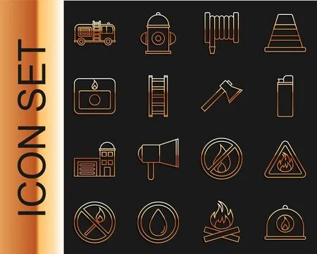 Set line Firefighter helmet, flame in triangle, Lighter, hose reel, escape Illustrazione stock