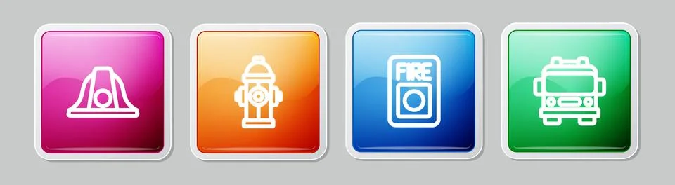 Set line Firefighter helmet, hydrant, alarm system and truck. Colorful square Stock Illustration