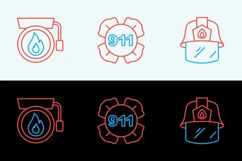 Set line Firefighter helmet, Ringing alarm bell and Emergency call 911 icon.. Stock Illustration
