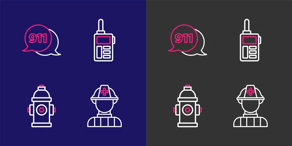 Set line Firefighter, hydrant, Walkie talkie and Telephone call 911 icon. V.. Stock Illustration