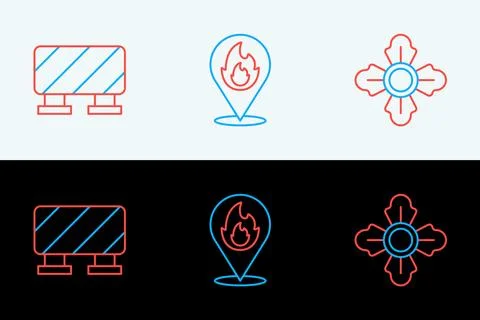 Set line Firefighter, Road barrier and Location with fire flame icon. Vector Stock Illustration
