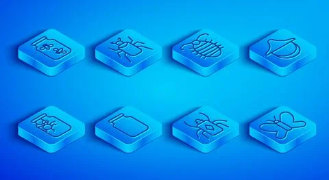 Set line Fireflies bugs in a jar, Beetle, Larva insect, Glass, Beekeeper hat Ilustración de archivo