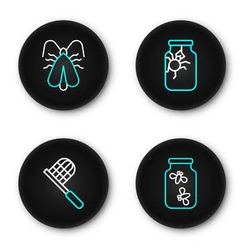 Set line Fireflies bugs in a jar, Butterfly net, Spider and Clothes moth ic.. Stock Illustration