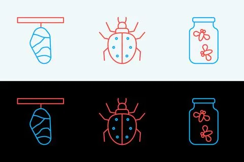 Set line Fireflies bugs in a jar, Butterfly cocoon and Mite icon. Vector Stock Illustration