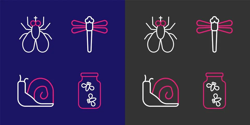 Set line Fireflies bugs in a jar, Snail, Dragonfly and Insect icon. Vector Stock Illustration
