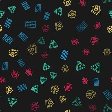 Set line Firewall, security wall, Exclamation mark in triangle, House under Illustrazione stock