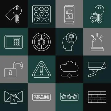 Set line Firewall, security wall, Security camera, Motion sensor, Mobile with Stock Illustration