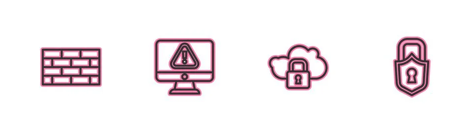 Set line Firewall, security wall, Cloud computing lock, Monitor with exclamation 库存插图
