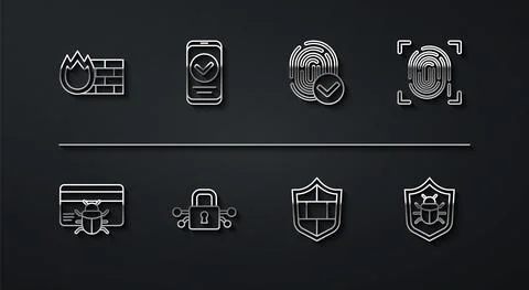 Set line Firewall, security wall, System bug in credit card, Fingerprint, Shield Stock Illustration