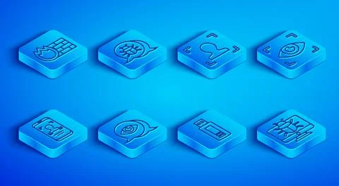 Set line Firewall, security wall, System bug, Face recognition, Eye scan, USB Stock Illustration