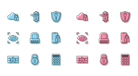 Set line Firewall, security wall, Lock, Cloud computing lock, Password protec Illustrazione stock