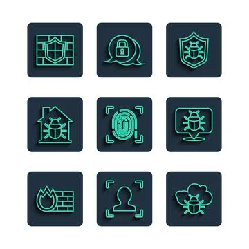 Set line Firewall, security wall, Face recognition, System bug cloud Stock Illustration