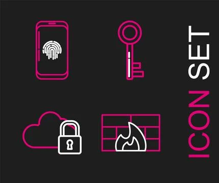 Set line Firewall, security wall, Cloud computing lock, Key and Smartphone with Stock Illustration