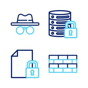 Set line Firewall, security wall, Document and lock, Server with and Incogn.. Stock Illustration