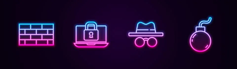 Set line Firewall, security wall, Laptop and lock, Incognito mode and Bomb .. Stockillustratie