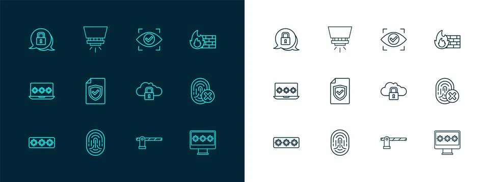 Set line Firewall, security wall, Fingerprint, Cloud computing lock, Parkin.. Stock Illustration