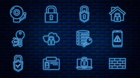 Set line Firewall, security wall, Mobile with exclamation mark, Lock, Cloud.. Illustrazione stock