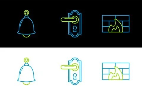 Set line Firewall, security wall, Ringing bell and Door handle icon. Vector Stock Illustration