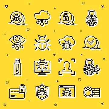 Set line Firewall, security wall, Cyber, Check mark in speech bubble, Syste.. Stock Illustration