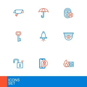 Set line Firewall, security wall, Mobile with closed padlock, Open, Securit.. Stock Illustration
