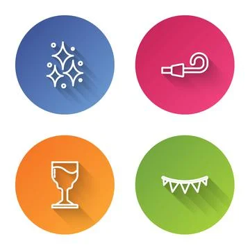 Set line Firework, Birthday party horn, Wine glass and Carnival garland with Illustrazione stock