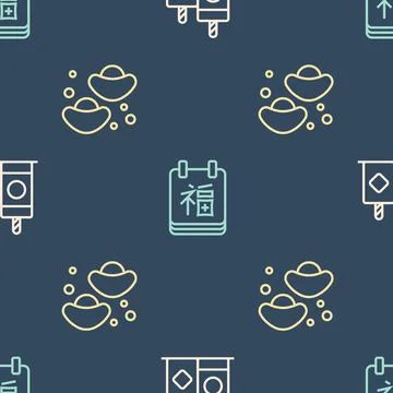 Set line Firework, Chinese fortune cookie and New Year on seamless pattern Stock Illustration