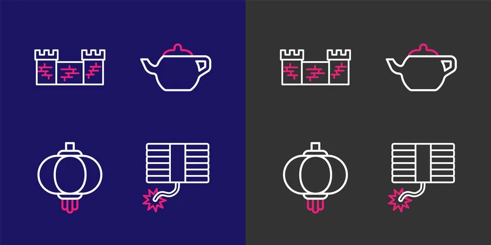 Set line Firework, Chinese paper lantern, tea ceremony and Great wall of Ch.. Stock Illustration