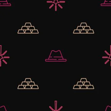 Set line Firework, Gold bars and Man hat with ribbon on seamless pattern. Vector Stock Illustration