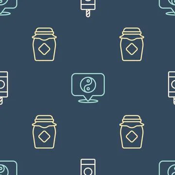 Set line Firework, Jar of honey and Yin Yang symbol on seamless pattern. Vector Illustrazione stock
