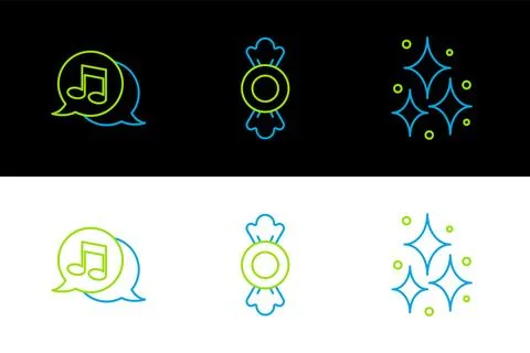 Set line Firework, Musical note in speech bubble and Candy icon. Vector Stockillustratie