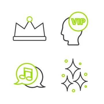 Set line Firework, Musical note in speech bubble, Vip inside head and Crown.. Stockillustratie