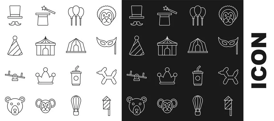 Set line Firework rocket, Balloon dog, Festive mask, Balloons with ribbon, .. Stock Illustration