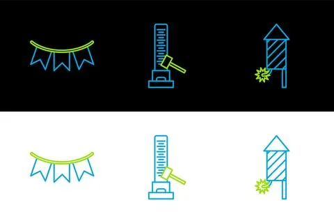 Set line Firework rocket, Carnival garland with flags and High striker attr.. Stock Illustration