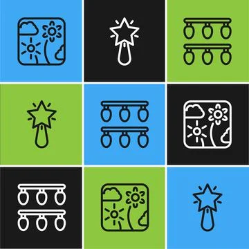 Set line Firework rocket, Christmas lights and star icon. Vector Illustrazione stock