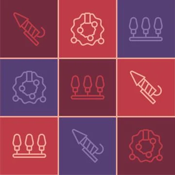 Set line Firework rocket, Christmas lights and wreath icon. Vector Illustrazione stock