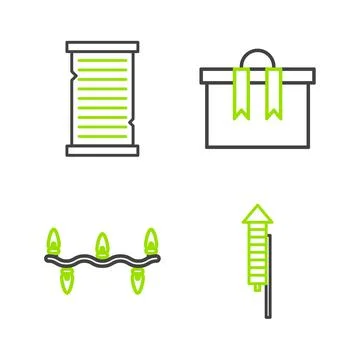 Set line Firework rocket, Christmas lights, Gift box and wish list template icon Stock Illustration