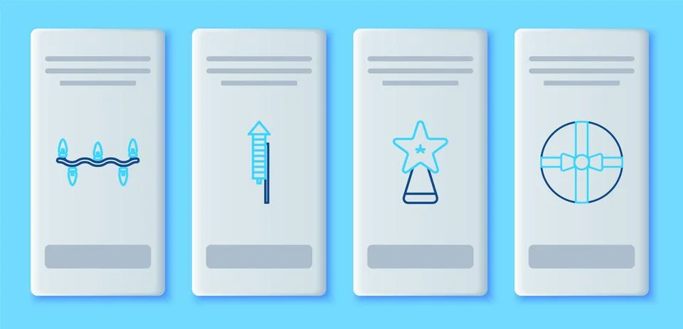 Set line Firework rocket, Christmas star, lights and Gift box icon. Vector Stock Illustration