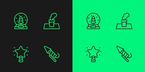 Set line Firework rocket, Christmas star, snow globe and chimney icon. Vector Stock Illustration