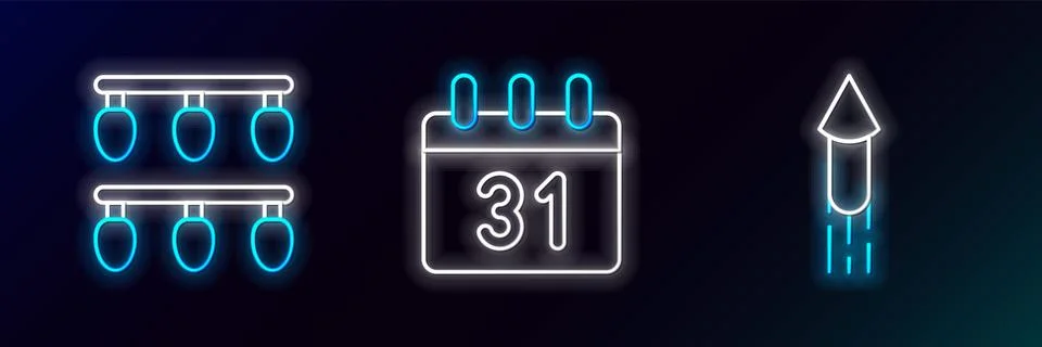 Set line Firework rocket, Christmas lights and Calendar icon. Glowing neon... Illustrazione stock