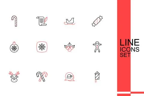 Set line Firework rocket, Christmas Santa Claus hat, Candy cane with stripe.. Stock Illustration