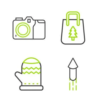 Set line Firework rocket, Christmas mitten, shopping bag and Photo camera i.. Иллюстрация