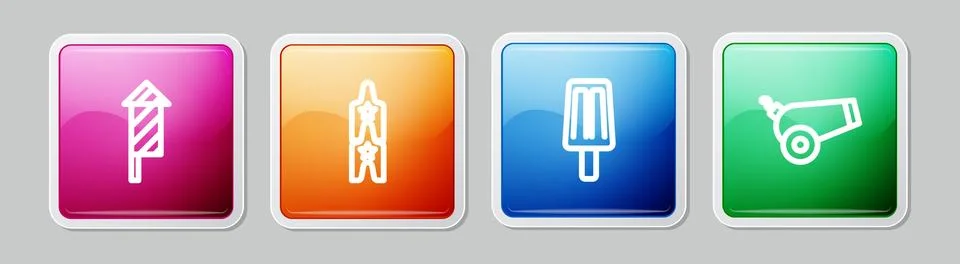 Set line Firework rocket, Circus ticket, Ice cream and Cannon. Colorful squar Stock Illustration