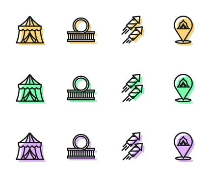 Set line Firework rocket, Circus tent, Roller coaster and icon. Vector Stock Illustration
