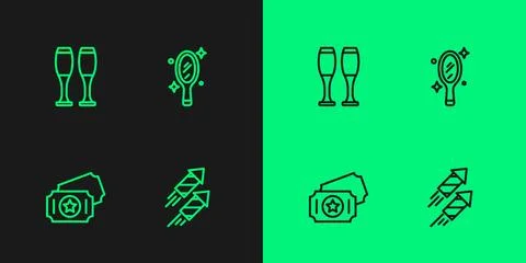 Set line Firework rocket, Circus ticket, Bowling pin and Magic hand mirror icon Stock Illustration